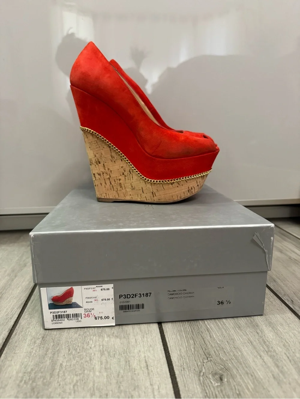 Gianmarco Lorenzi Orange-Red Suede Peep-Toe Platform Pumps with Gold Chain Trim